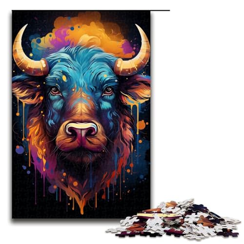 für Erwachsene Puzzle Buntes psychedelisches Tier Büffel 1000 teiliges Holzpuzzle für Erwachsene und Kinder ab 14 Jahren 75 x 50 cm von zouxangzz