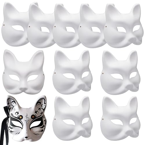 zrfgbxim 10 Stück Fuchsmasken zum Bemalen, Therian Mask, Fuchs Maske, Fuchsmasken, Weißes DIY Tiermasken zum Anmalen, Unbemalte DIY Papier Maske für Halloween Cosplay Maskerade Party Maskenball Masken von zrfgbxim