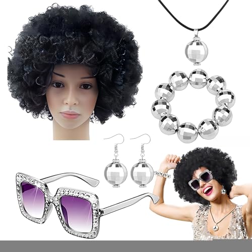 1970er-Jahre-Disco-Zubehör-Set für Damen,70er-Disco-Zubehör,Rapper Kostüm 70er Jahre Disco Kostüm Set Discokugel Zubehör | Halskette, Afro-Perücke, Ohrringe, Armband für Männer und Frauen, Retro-Party 1970er-Jahre-Disco-Zubehör-Set für Damen,70er-Disco-Zubehör,Rapper Kostüm 70er Jahre Disco Kostüm Set Discokugel Zubehör | Halskette, Afro-Perücke, Ohrringe, Armband für Männer und Frauen, Retro-Party von zwxqe