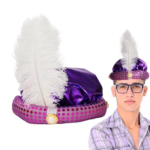zwxqe Aladdin Costume Hat Adults, Gorgeous Sultan Turban with Feather and Pearl, Men’s Head Wrap with Sequin Design, Perfect for Themed Parties and Costumes von zwxqe