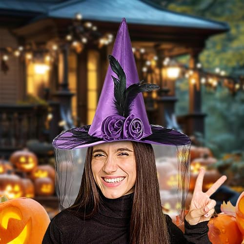 zwxqe Hexenhüte Für Damen, Hexen Hut Mit Breiter Krempe Halbschleier Und Blume, Tragbares Halloween Kostümzubehör Für Damen Karneval Fantasy Festival zwxqe Hexenhüte Für Damen, Hexen Hut Mit Breiter Krempe Halbschleier Und Blume, Tragbares Halloween Kostümzubehör Für Damen Karneval Fantasy Festival von zwxqe