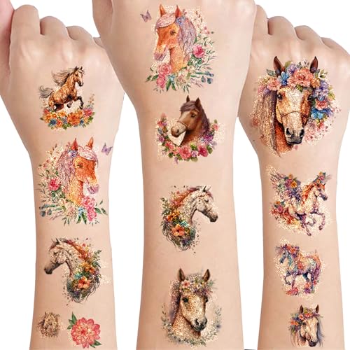 zycBernoi 2025 Neues Design für Glitzer Pferde Tattoo, Hautfreundliche Glitzer Pferde Tattoos Jungen Mädchen Wasserdicht Kindertattoos Sticker, Pferde Mädchen Geschenk von zycBernoi