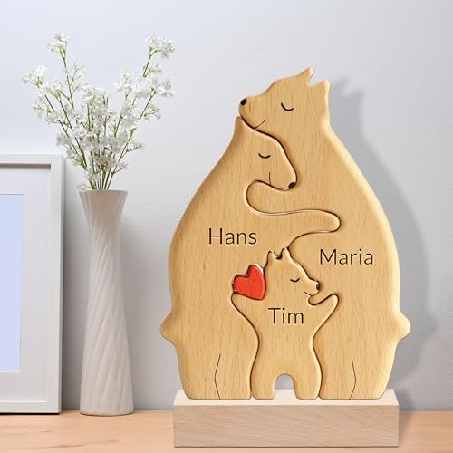 Personalisiertes Holzpuzzle Bärenfamilie, Personalisierte Wohndekoration mit 2-8 Namen, Wohnzimmer-Tischdekoration, Geschenk für Familie zum Muttertag, Vatertag und Geburtstag (Bären) von zyinoant