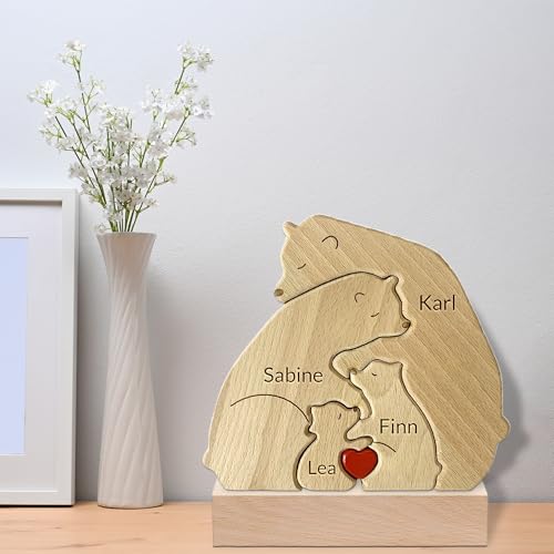 Personalisiertes Holzpuzzle Bärenfamilie, Personalisierte Wohndekoration mit 2-8 Namen, Wohnzimmer-Tischdekoration, Geschenk für Familie zum Muttertag, Vatertag und Geburtstag (Eisbär) von zyinoant