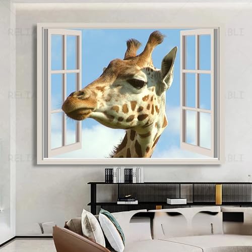 1000 Teile Puzzle Puzzle mit offenem Fenster Giraffe Sonde Leinwand Wandkunst Tierkopf aus offenem Fenster Landschaft Poster Wandbild geeignet für Büro Gästezimmer Heimdekoration 50x70cm Puzzle von zysnb