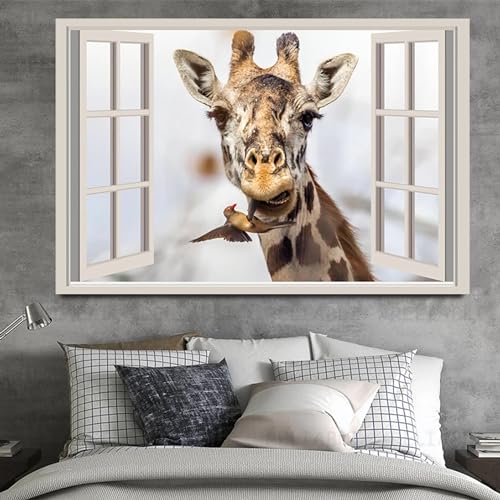 1000 Teile Puzzle Puzzle mit offenem Fenster Giraffe Sonde Leinwand Wandkunst Tierkopf aus offenem Fenster Landschaft Poster Wandbild geeignet für Büro Gästezimmer Heimdekoration 50x70cm Puzzle von zysnb