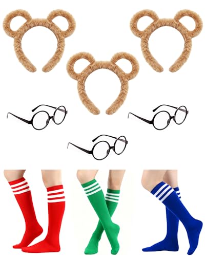 9-teiliges Streifenhörnchen-Kostüm-Komplett-Set: enthält 3 schwarze, runde Brillenrahmen ohne Gläser, 3 Streifenhörnchen-Ohren Stirnband und 3 Overknee-Socken, ideal für Cosplay, Bühnenauftritte von zzhxkjhky